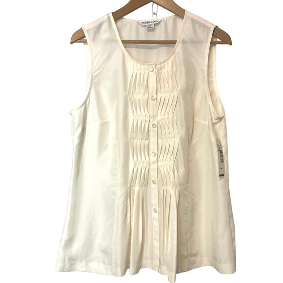 NWT Pendleton 100% Silk Ivory Pleated Sleeveless Button Up Tank Blouse Top - Picture 1 of 10